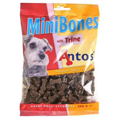 Packaging of Antos Nova Mini Bones Tripe 200g, showing the product name, a picture of a dog, and the weight of the package.