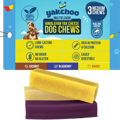 Yakchoo Himalayan Yak Cheese Dog Chews packaging with two yellow dog chews on a white background.