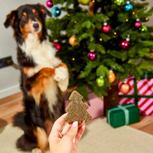 Load image into Gallery viewer, A hand holds a small tree-shaped dog treat in the foreground, with a real dog standing on its hind legs and looking toward a decorated Christmas tree and wrapped presents in the background.

