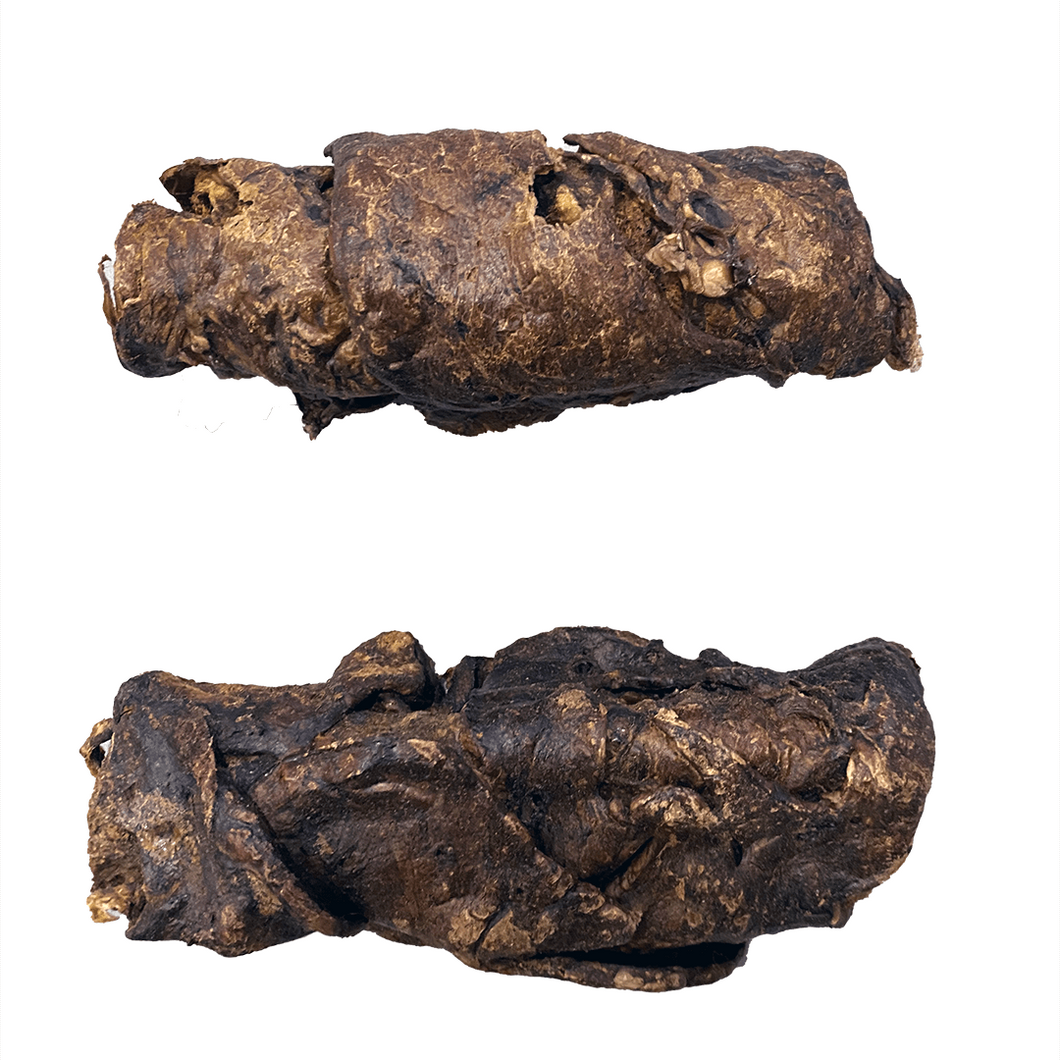 Two dark brown, textured Nova Wrapped Buffalo Tracheas on a white background