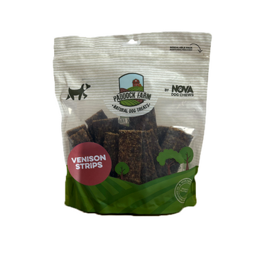 Packaging of Nova Paddock Farm 100% Venison Strips 500g showing the product inside a transparent plastic bag with branding and product information.