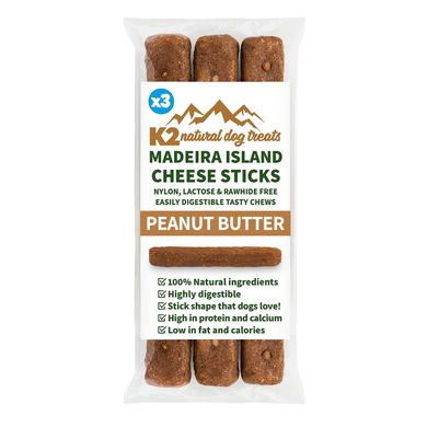 K2 natural dog treats packaging for Madeira Island Cheese Sticks with peanut butter flavor on a white background.