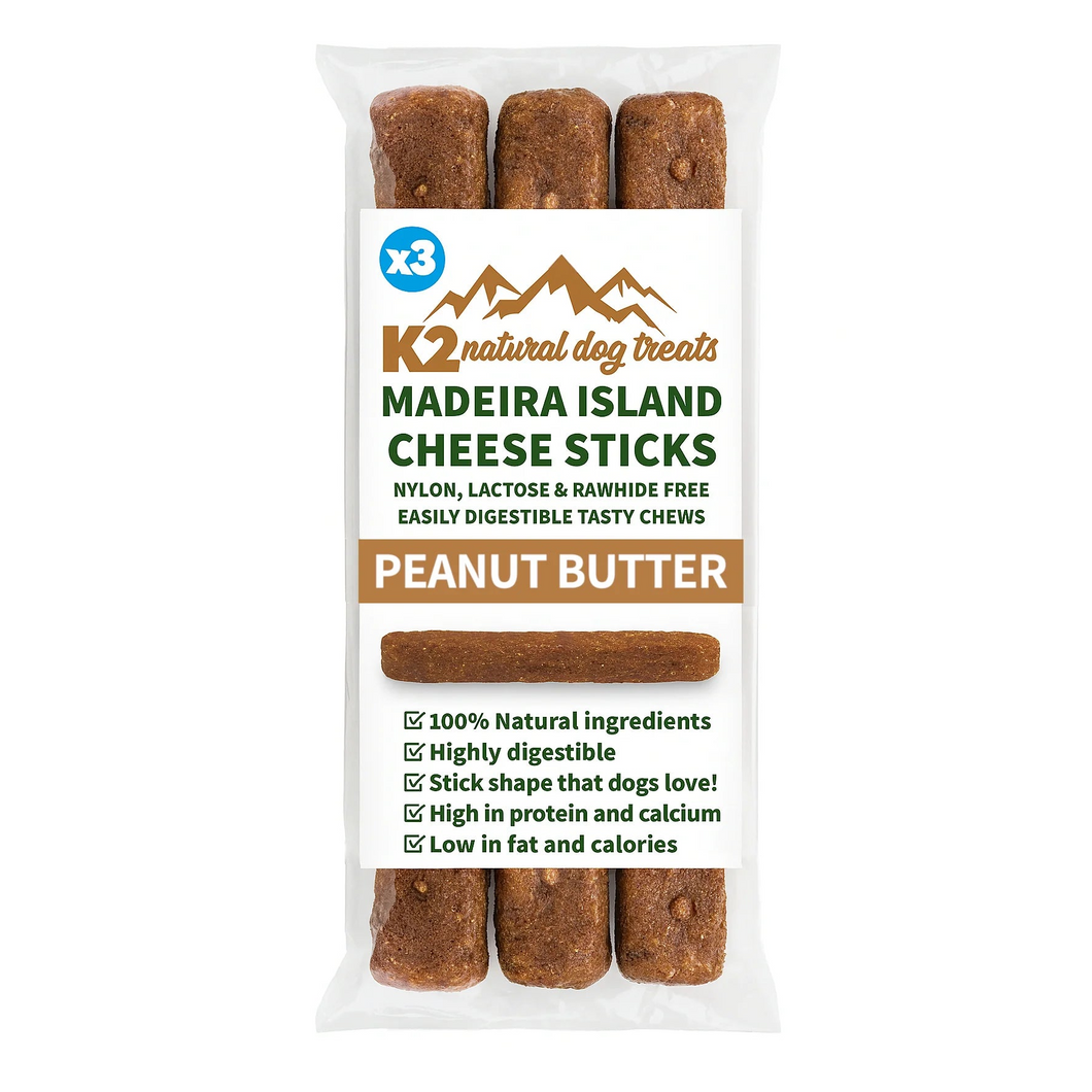 K2 natural dog treats packaging for Madeira Island Cheese Sticks with peanut butter flavor on a white background.
