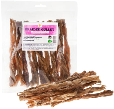 Packaged beef gullet sticks for dogs, showing the product both in the bag and spilled out in front.