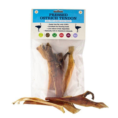 Packaged ostrich tendons designed as a dog chew treat, displayed against a white background.
