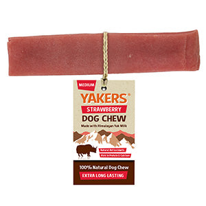 A medium-sized, strawberry-flavored Yakers dog treat chew, wrapped in plastic with a label showing the brand, product name, and additional information.