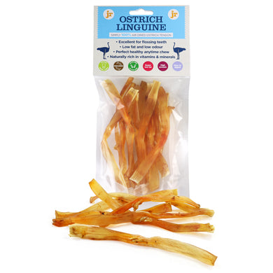 Packaging of JR Ostrich Linguine showing dried ostrich shin tendon strips, with product details and branding.