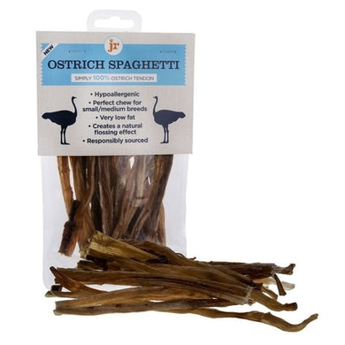 Packaging of JR Ostrich Spaghetti showing the product and its branding, indicating it is a high protein dog treat.