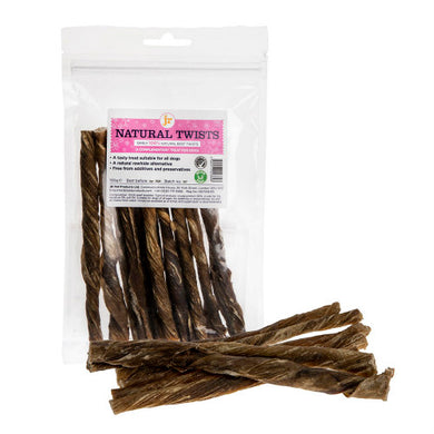 Packaging of JR Natural Twists which shows the product name and multiple twisted beef bladder treats for dogs.