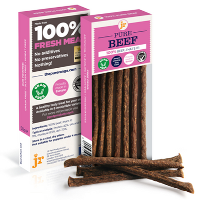 Packaging of JR Pure Beef Sticks showing the product name and the beef sticks outside the box.