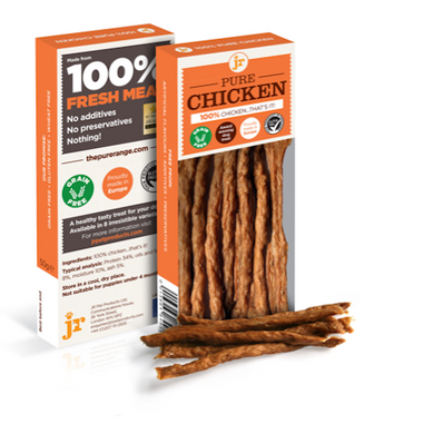 Packaging and product display of JR Pure Chicken Sticks, highlighting the product as 100% fresh chicken meat, suitable for dogs with allergies, and grain-free.
