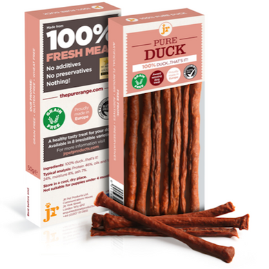 Packaging of JR Pure Duck Sticks showing the product name and the contents of the package, along with the statement '100% Fresh Meat' and images of the duck sticks.