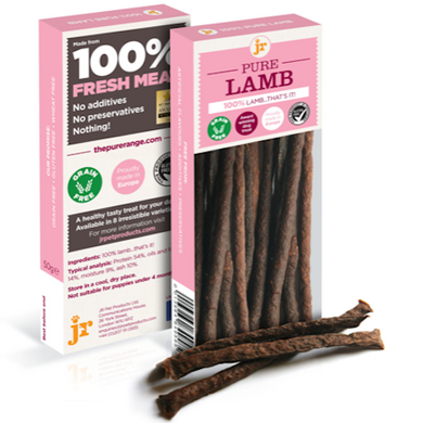 Packaging of JR Pure Lamb Sticks showing the product and its features like being made from 100% fresh lamb meat, grain-free, gluten-free, and suitable for dogs with allergies.