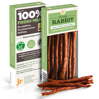 Packaging of JR Pure Rabbit Sticks which shows the product name and description, alongside images of the rabbit sticks treat.
