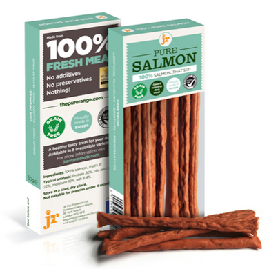 Packaging and product display of JR Pure Salmon Sticks, showcasing the salmon sticks outside the box.