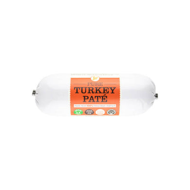 A roll of JR Pure Turkey Pate packaging with product information and branding visible.
