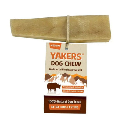A medium-sized Yakers dog chew made with Himalayan Yak Milk, attached to its packaging which states '100% Natural Dog Treat' and 'Extra Long Lasting'.