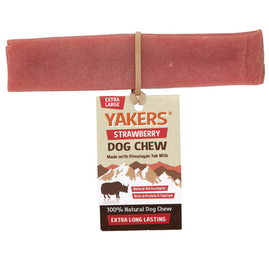 An extra large Yakers Strawberry Dog Chew packaged in a cardboard sleeve with a label showing the product and information such as '100% Natural Dog Chew' and 'Extra Long Lasting'.